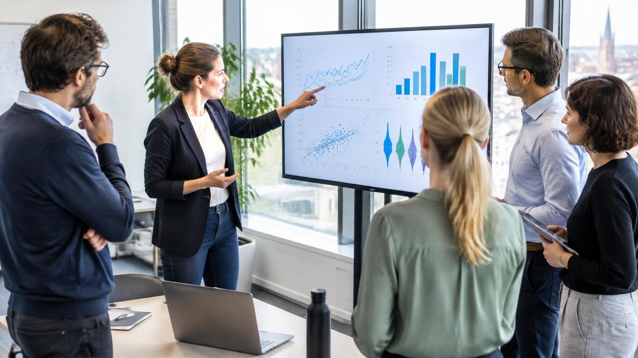 Team of researchers reviewing charts and data on a large screen in an office
